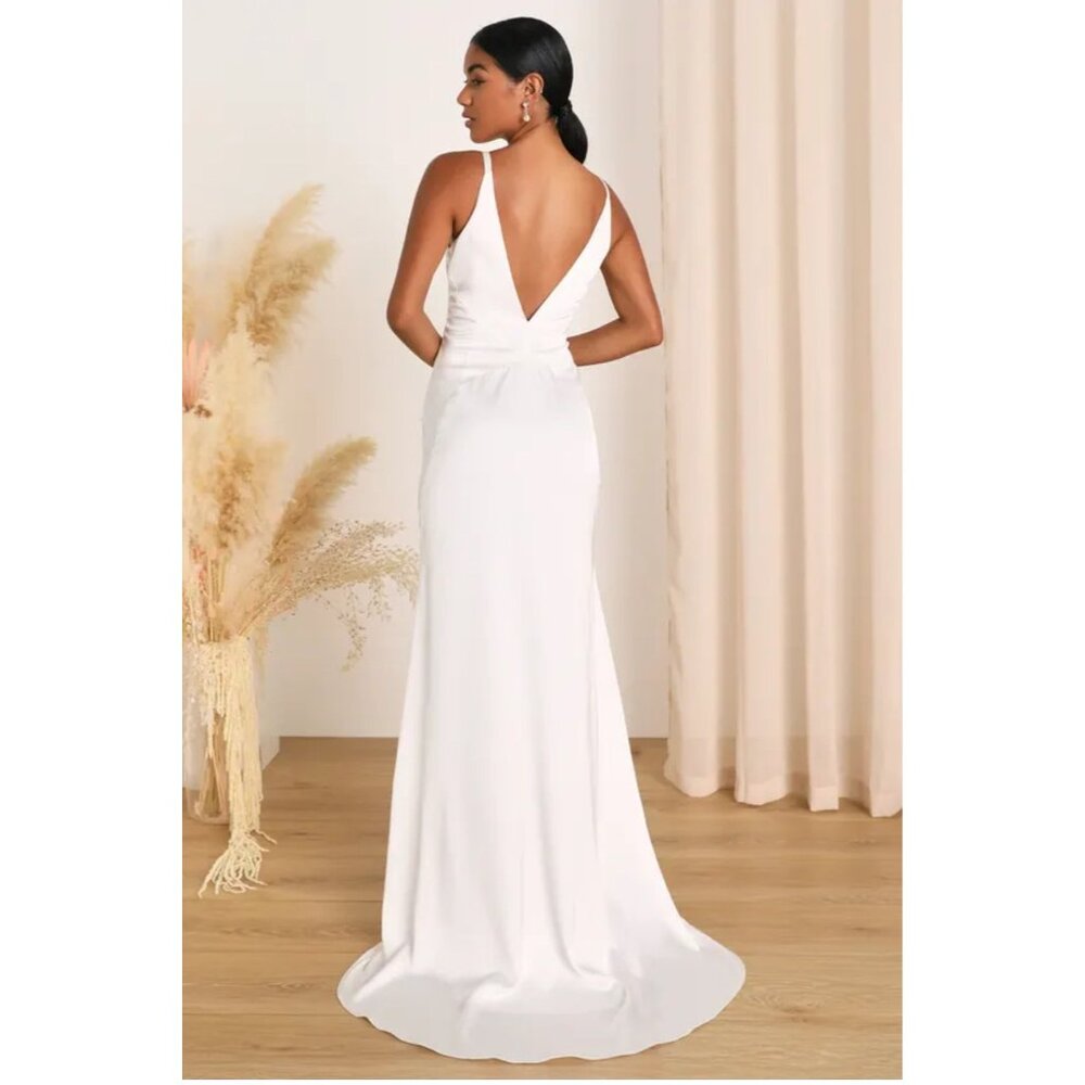 Lulus Ivory White Maxi Mermaid Wedding Dress Satin Sleeveless V Sz XL READ NWOT
